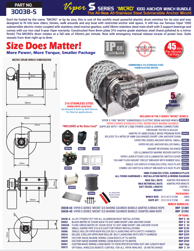 Viper “S” Series 1000 Micro Winch Bundle Inc S/S Marine Gearbox – 6mm X 60M D/Braid