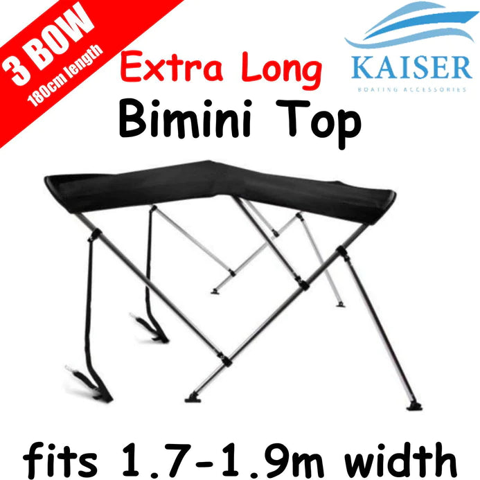 Extra Long 3 Bow 1.7m-1.9m Bimini Top Boat Canopy Cover + Rear Poles & Sock Black